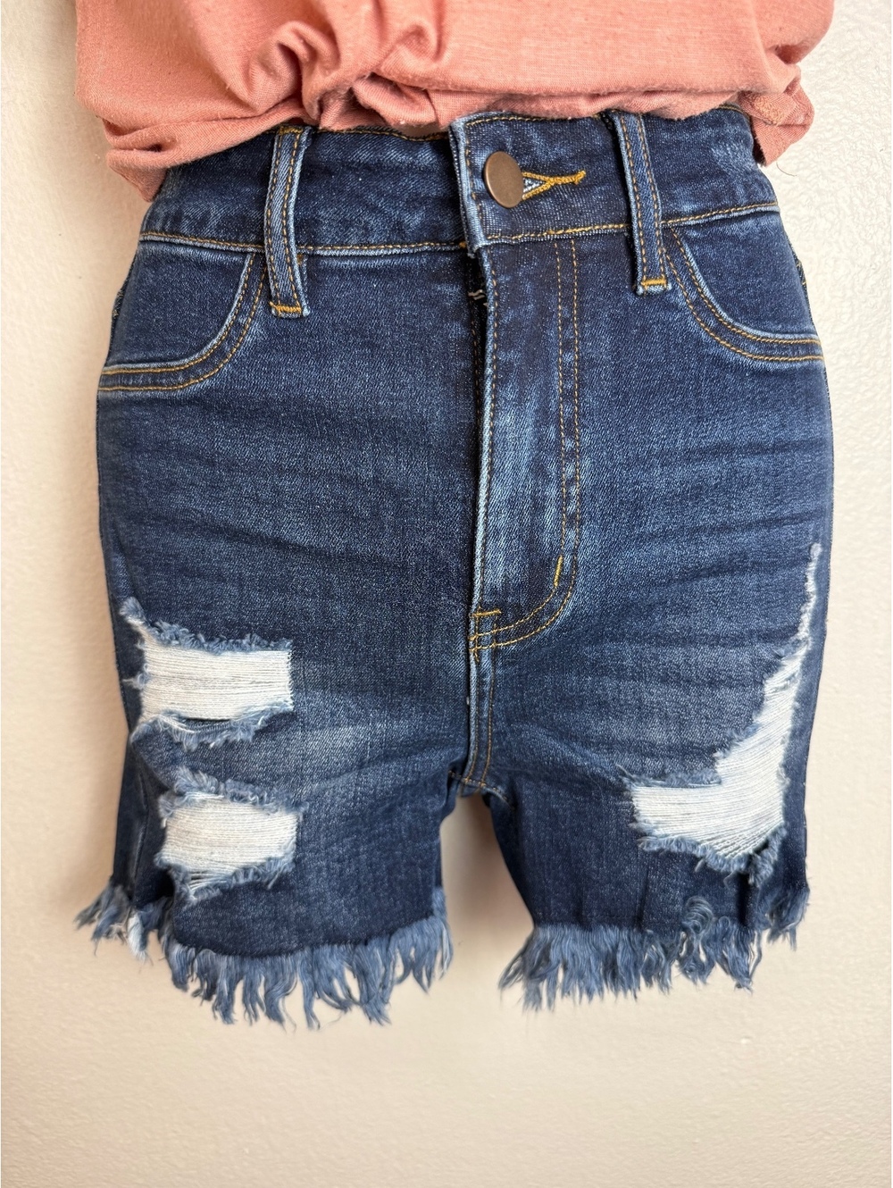 Women’s Dark Wash Distressed Denim Bermuda Shorts Raw Frayed Hem
